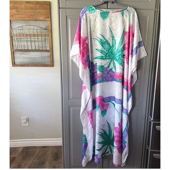 VTG Ruth Norman New York Floral Foliage Print Kaftan Dress, Purple Pink White,OS - Picture 1 of 16